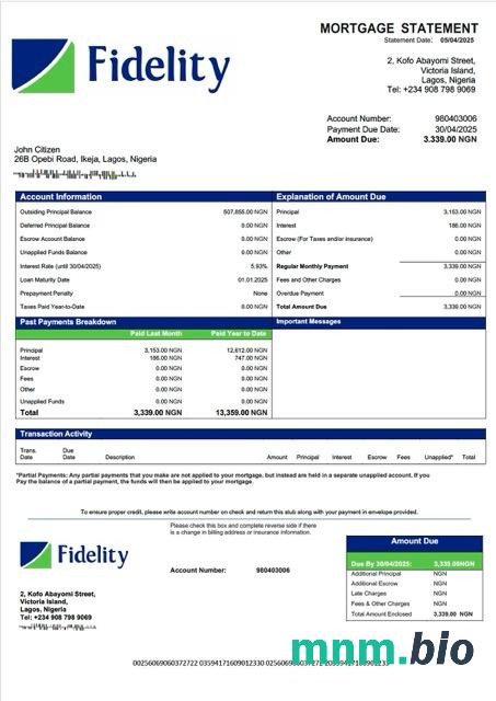 Nigeria Fidelity Bank wyciąg z kredytu hipotecznego szablon Word i PDF